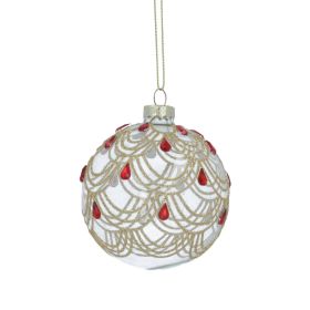 Clear Glass Ball Gold Swags & Red Diamante